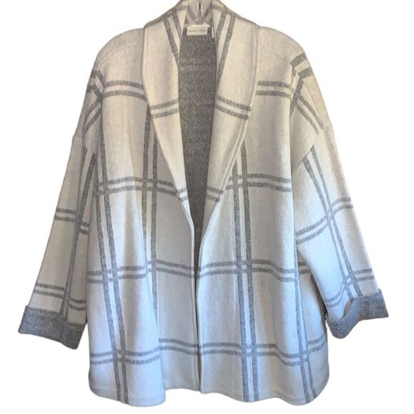 Adrienne Vittadini Cream and Gray Open Front Coat Sweater-Oversized - Size Large - Picture 2 of 9
